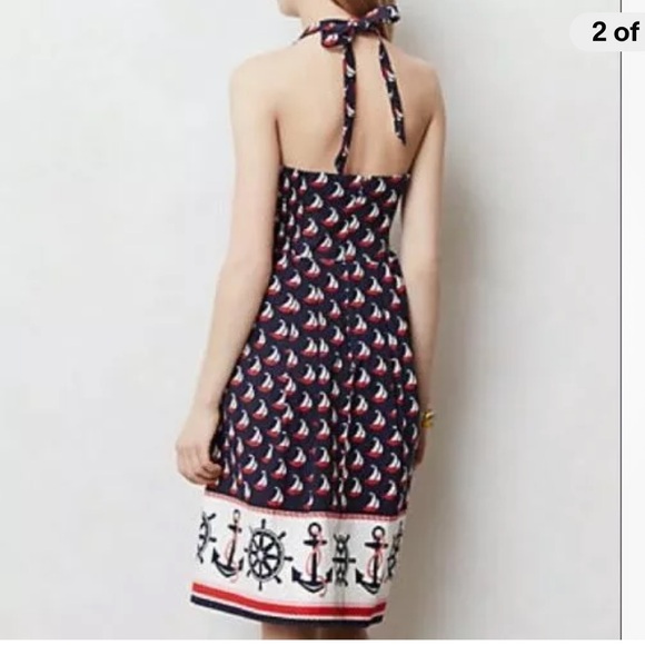 ANTHROPOLOGIE Postmark Winward Nautical Sailboat Halter Dress Women’s SZ USA 2 - Picture 2 of 16